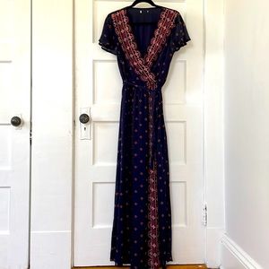 Navy Printed Faux Wrap Maxi Dress